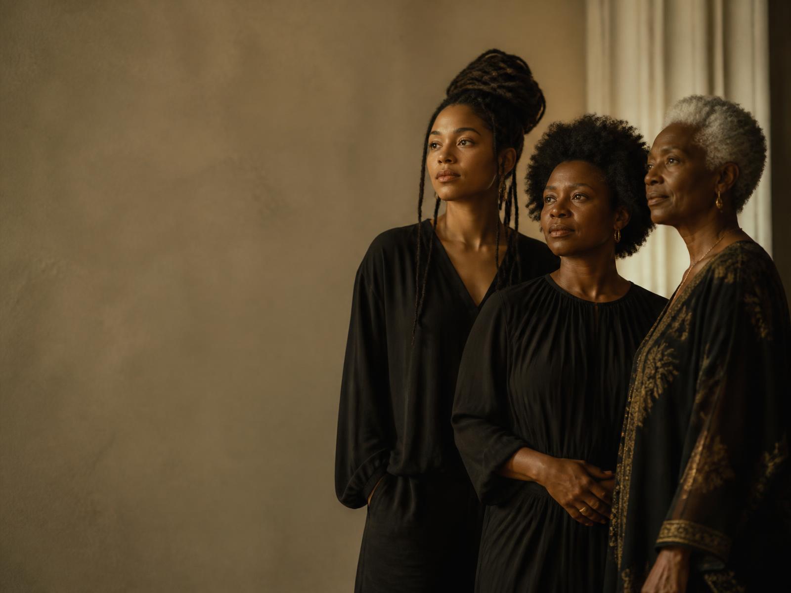 Three women of different generations standing together in warm light